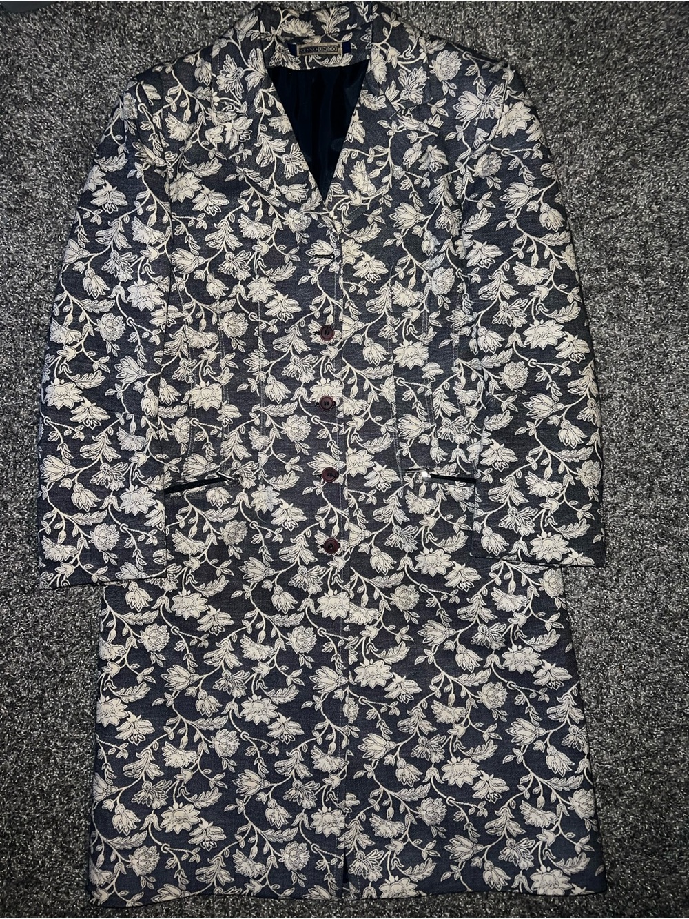 SENSO Navy Quilted Floral Trench Coat with White Embroidery